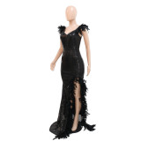 Sexy Feather Trim Cami High Slit Sequin Backless V-Neck Party Maxi Dress