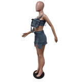 Denim Straps 3D Pocket Crop Top and Skirt 2PCS Set