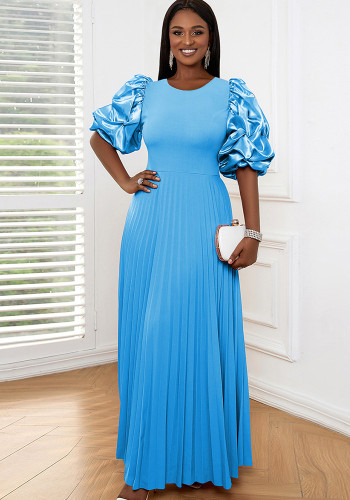 Blue Elegant Round Neck Puff Sleeve High Waist Pleated Dress