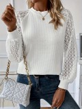 Plus Size White Round Neck Long Sleeve Lace Patchwork Top