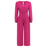 Casual Solid V-Neck Long Sleeve Straight Leg Jumpsuit with Belt