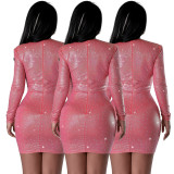 Pink Rhinestone Mesh Patchwork Club Bodycon Dress