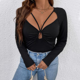 Plus Size Sexy Lace-Up Ruched Hollow Long Sleeve T-Shirt