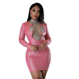 Pink Rhinestone Mesh Patchwork Club Bodycon Dress