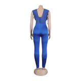 Sexy Solid Mesh Patchwork Sleeveless Drawstring Tight Jumpsuit