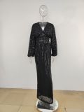 Sequined Long Sleeve V-Neck Sexy Maxi Evening Dress