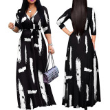 Black and White V-Neck Elegant 3/4 Sleeve Long Dress