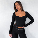 Solid Square Neck Long Sleeve Ruched Side Slit Top