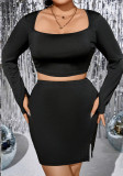 Black Sexy Square Neck Long Sleeve Slim High Waist Slit Skirt 2PCS Set