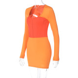 Contrast Orange Patchwork Croset Bodycon Dress