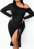 Plus Size Slash Shoulder Strap Long Sleeve Slim Fit Drawstring Irregular Bodycon Dress