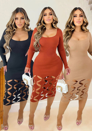 Sexy Stretch Hollow Out Bodycon Long Sleeve Midi Dress