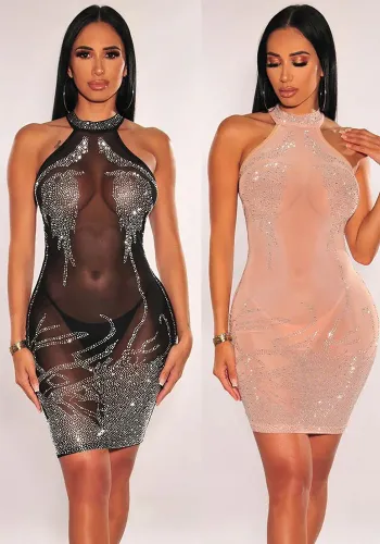 Solid See Through Rhinestone Halter Neck Club Dress