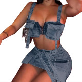 Denim Straps 3D Pocket Crop Top and Skirt 2PCS Set