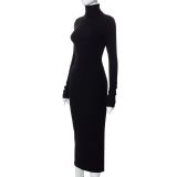Black High Neck Long Sleeve Ribbed Slinky Midi Dress