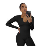Solid U-Neck Work Out Ribbed Long Sleeve Tight Jumpsuit