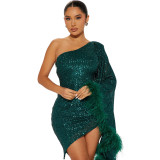 Party Slash Shoulder Fur Trim Irregular Sequin Bodycon Dress