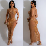 Sexy Sequin Mesh Patchwork Cross Back See-Through Maxi Dress