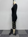 Sexy Stretch Hollow Out Bodycon Long Sleeve Midi Dress
