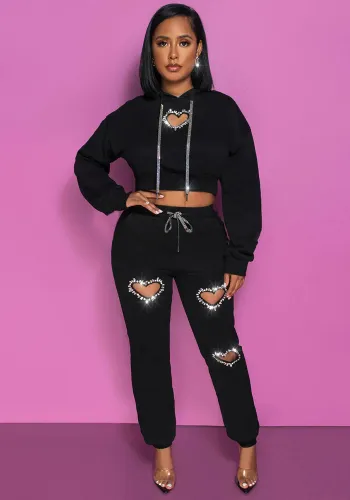 Heart Shape Hollow Rhinestone Hoodie and Pants 2PCS Set