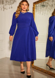 Plus Size Chic Blue Puff Sleeve Long Dress