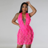 Wave Pattern Sexy Plunge Halter Backless Bodycon Dress