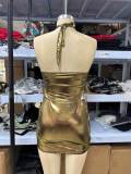 Sexy 2PCS Set Metallic Halter Bodysuit +Drawstring Bodycon Skirt