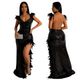 Sexy Feather Trim Cami High Slit Sequin Backless V-Neck Party Maxi Dress