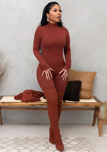 Solid High Neck Long Sleeve Tops + Pants Tight Fit 2PCS Set