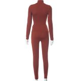 Solid High Neck Long Sleeve Tops + Pants Tight Fit 2PCS Set
