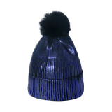 Winter Metallic Woolen Hat Hip-Hop Street Fur Trim Knitting Hat for Men Women