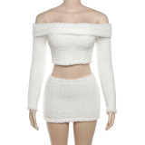Sexy Off Shoulder Crop Top + Bodycon Skirt Fluffy Two-piece Set