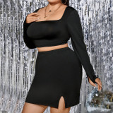 Black Sexy Square Neck Long Sleeve Slim High Waist Slit Skirt 2PCS Set