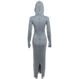 Fashion Gray Hooded Slim Fit Slit Maxi Dress