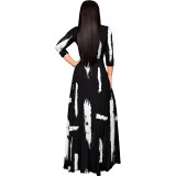 Black and White V-Neck Elegant 3/4 Sleeve Long Dress