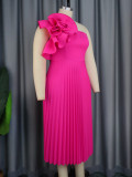 Hot Pink Sexy Flower Slash Shoulder Pleated Long Dress