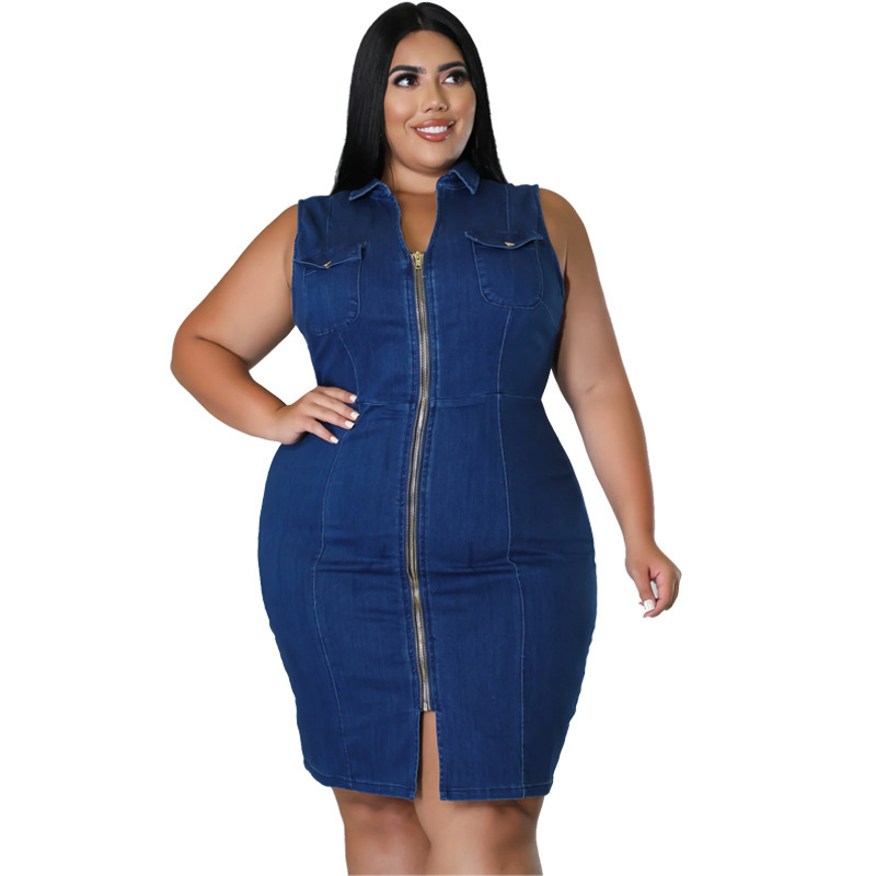 Plus Size Sleeveless Zip Up Tight Denim Dress US$ 10.28 -  www.lover-pretty.com