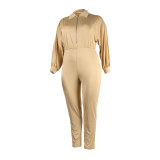 Plus Size Solid Puff Sleeve Zip Up Fashion Jumpsuit
