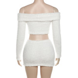 Sexy Off Shoulder Crop Top + Bodycon Skirt Fluffy Two-piece Set