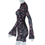 Floral Print Mesh Tight Bell Bottom Long Sleeve Cutout Bodycon Dress