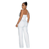 Stylish Beaded Cutout Slim One Shoulder Wide Leg Belted Jumpsuit