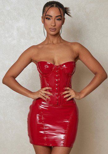 Sexy Low Back Slim Waist PU-Leather Strapless Zipper Bodycon Dress