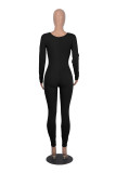 Solid U-Neck Work Out Ribbed Long Sleeve Tight Jumpsuit