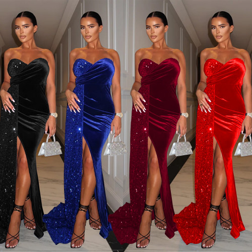 Sexy Sequin Patchwork Velvet Maxi Evening Dress