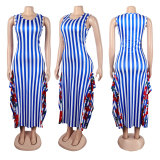 Striped Print Floral Ruffles Sleeveless Slit Long Dress