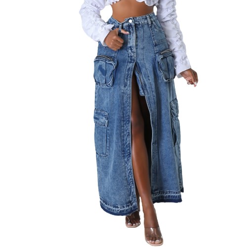 Stylish High Waist Slit Cargo Long Denim Skirt