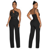 Stylish Beaded Cutout Slim One Shoulder Wide Leg Belted Jumpsuit