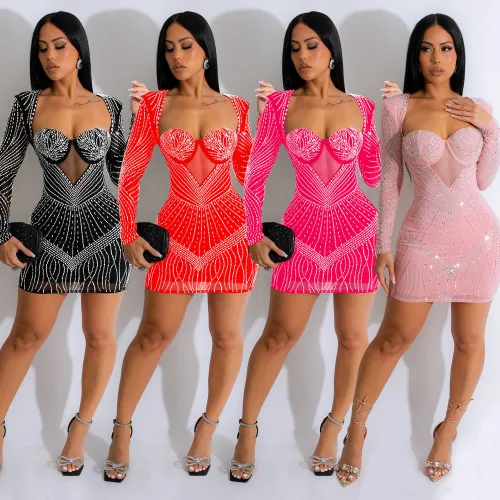 Rhinestone Square Neck Mesh Splicing Long Sleeve Bodycon Dress