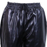 Black PU Leather Elastic Waist Drawstring Pants
