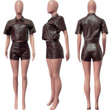 Fashion Pu Leather Button Cropped Shirt + Shorts Two-Piece Set